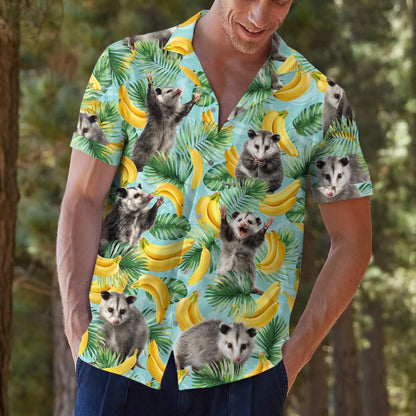 Lifestyle view of colorful opossum tropical shirt