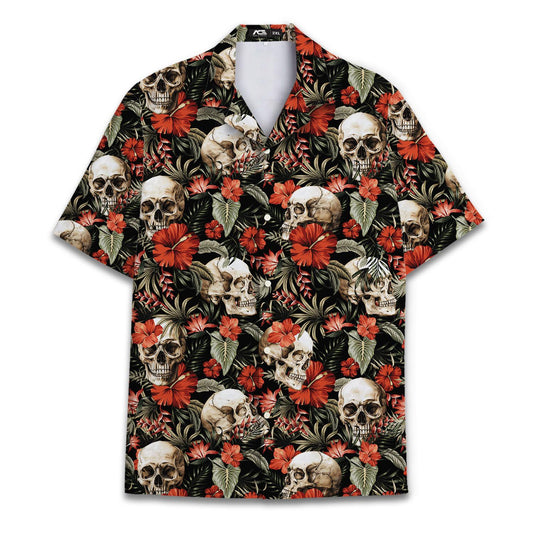 Front view of skull Hawaiian shirt with red hibiscus flowers and tropical leaves