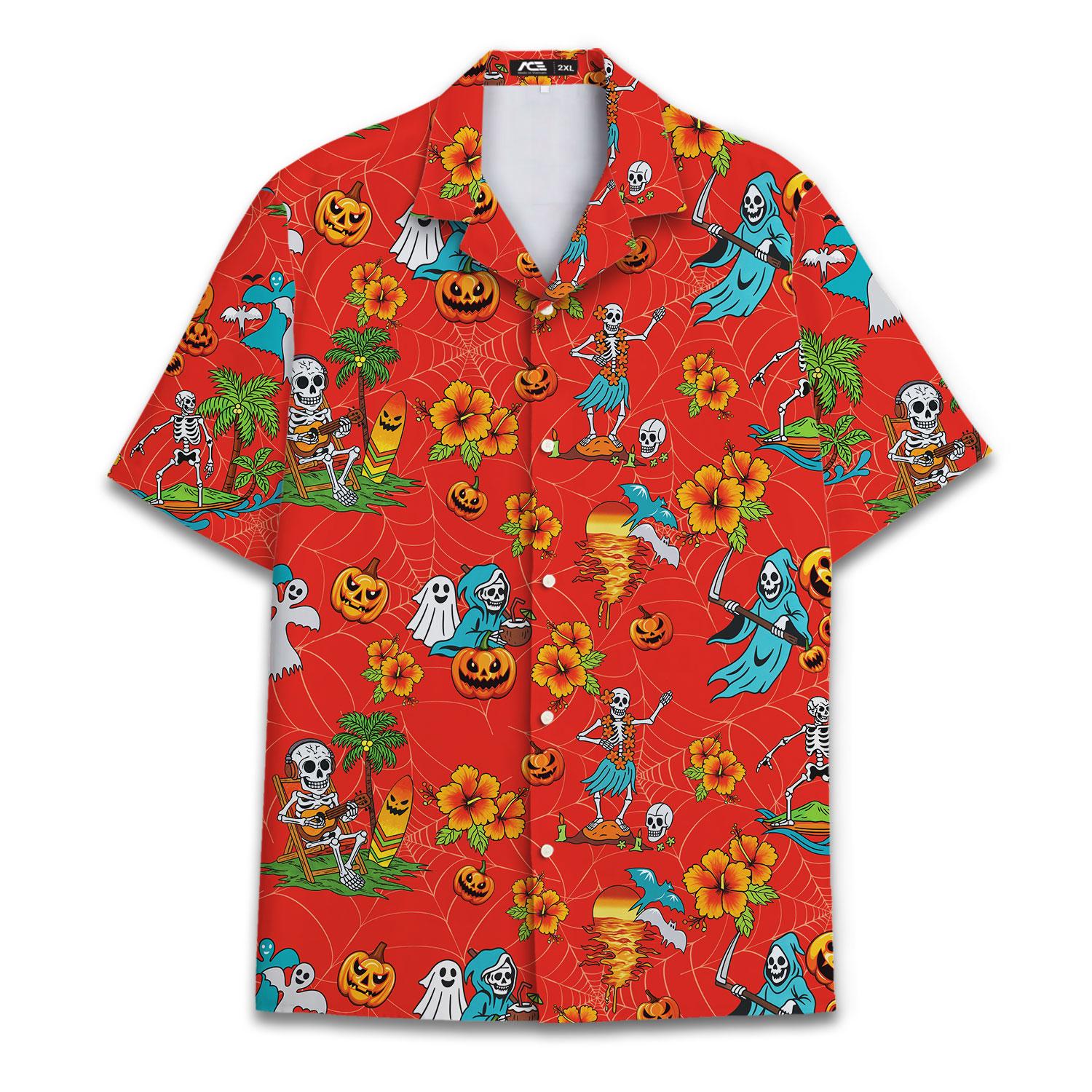 Red Halloween Hawaiian shirt with tropical flowers, skeletons, ghosts, and jack-o'-lanterns