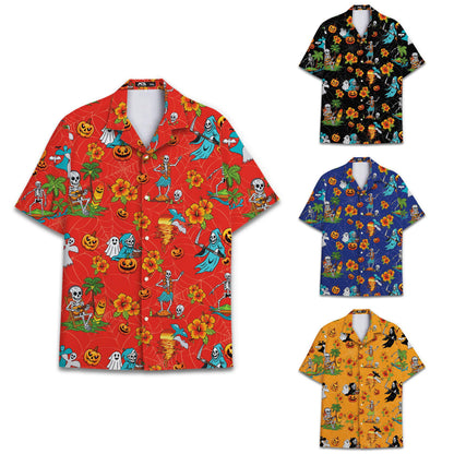 Halloween Hawaiian shirt color options in black, red, blue, and orange