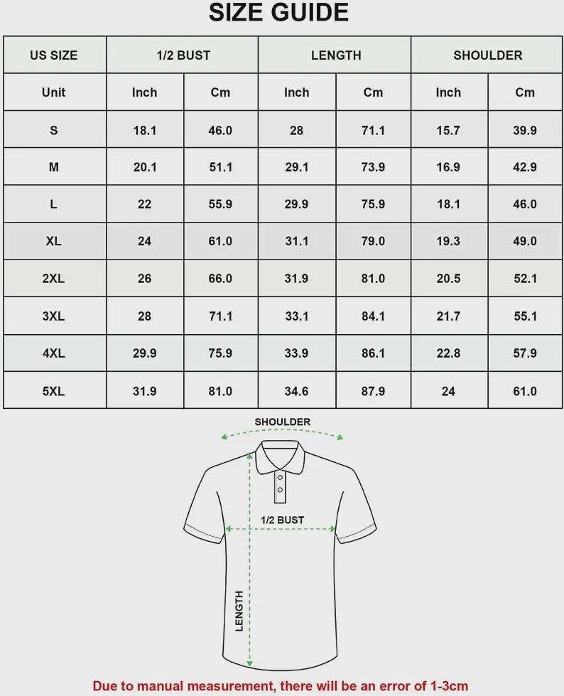 Size guide showing measurements for the Hawaiian shirt from S through 5XL