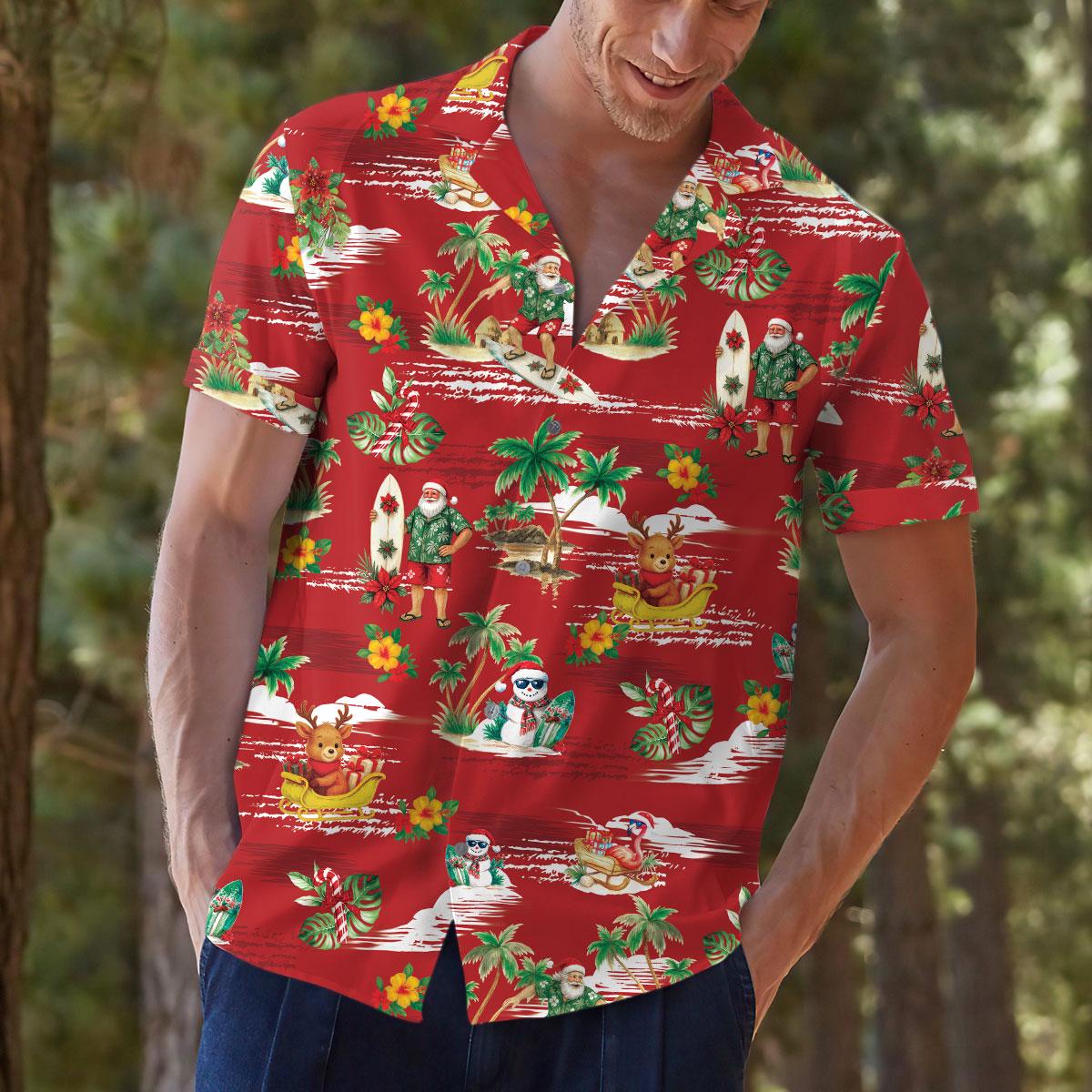 Close-up of red festive Hawaiian shirt with Santa, reindeer, palms, and surfboards