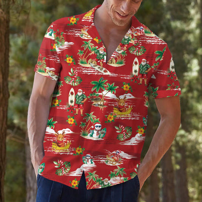 Close-up of red festive Hawaiian shirt with Santa, reindeer, palms, and surfboards