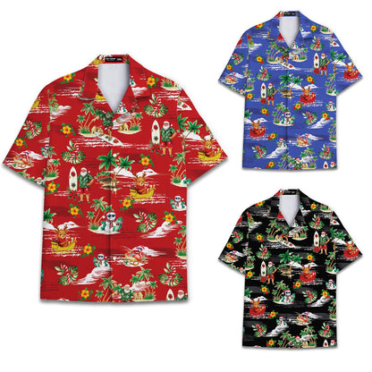 Red, blue, and black tropical Christmas Hawaiian shirt colorways shown together