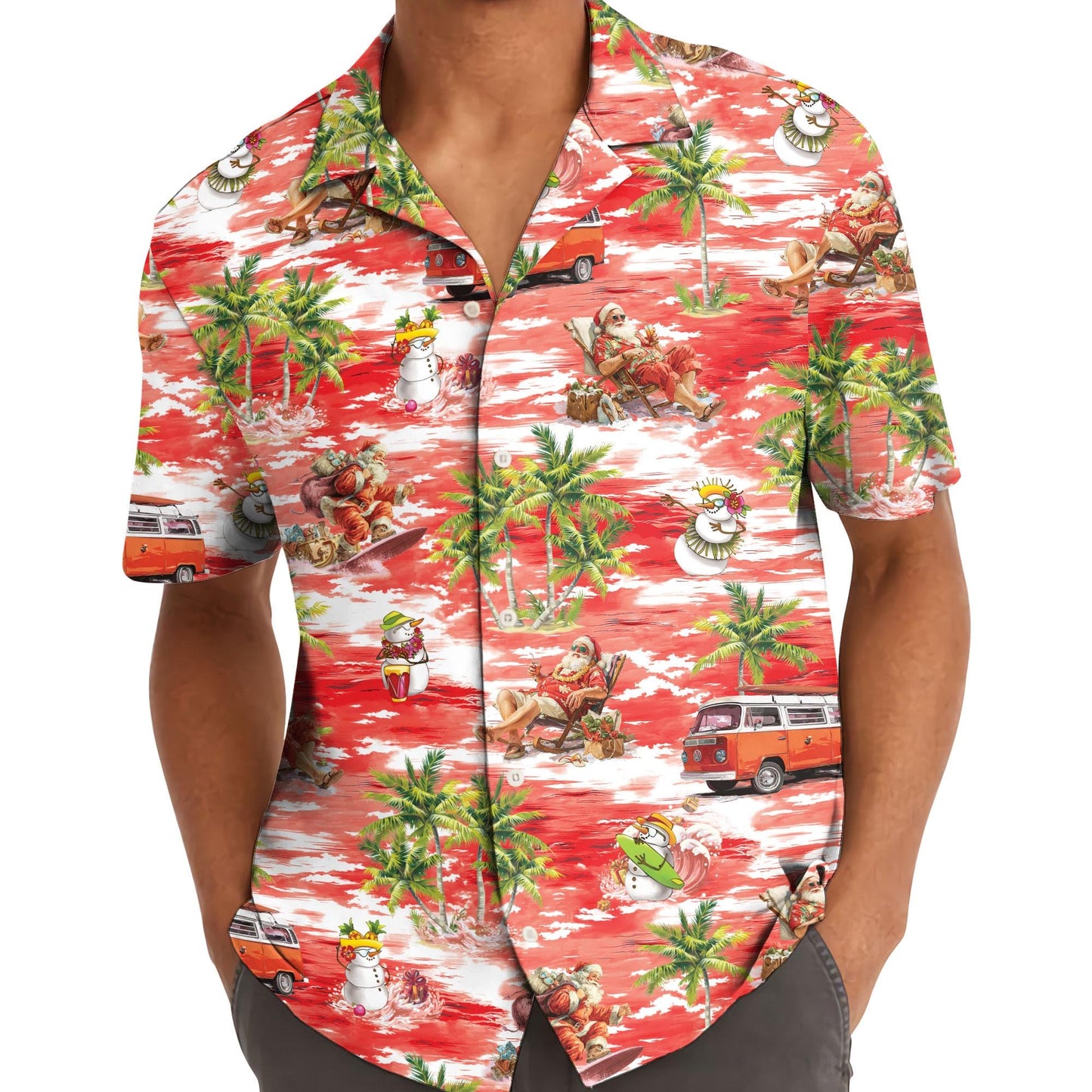 Model wearing red tropical Santa Hawaiian shirt with palm trees and holiday characters