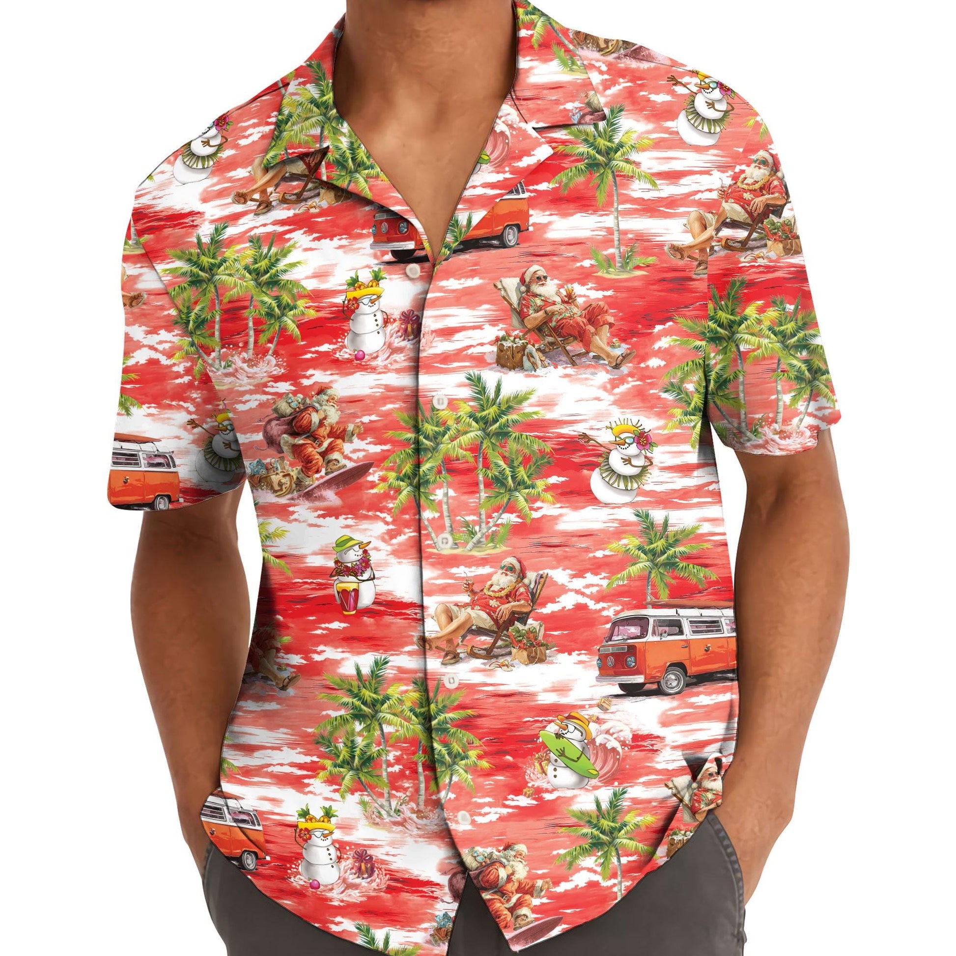 Model wearing red tropical Santa Hawaiian shirt with palm trees and holiday characters