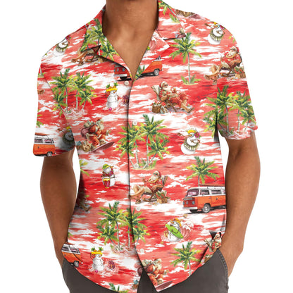 Model wearing red tropical Santa Hawaiian shirt with palm trees and holiday characters