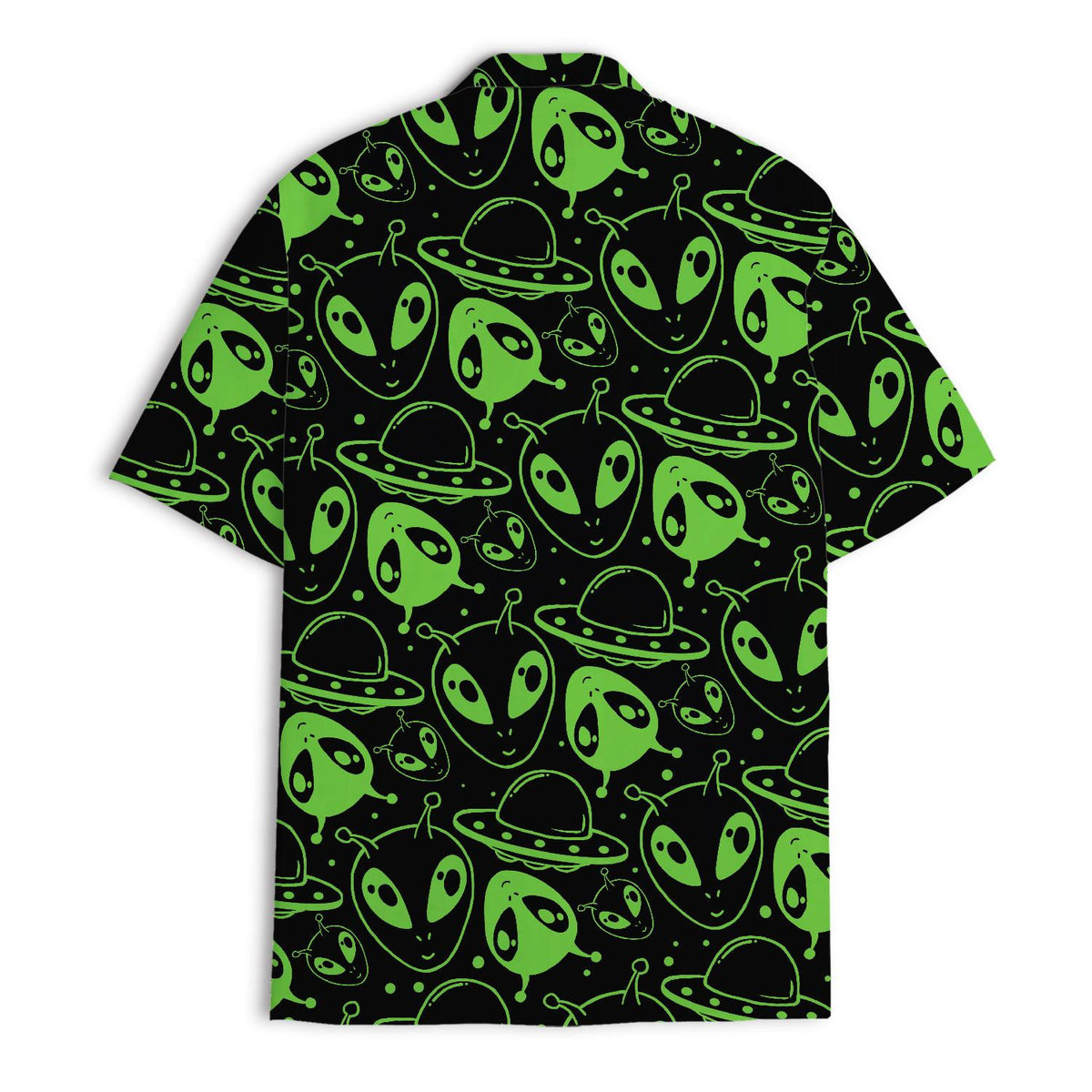 Back view of black Hawaiian shirt covered in neon green aliens and flying saucers
