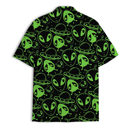 Back view of black Hawaiian shirt covered in neon green aliens and flying saucers