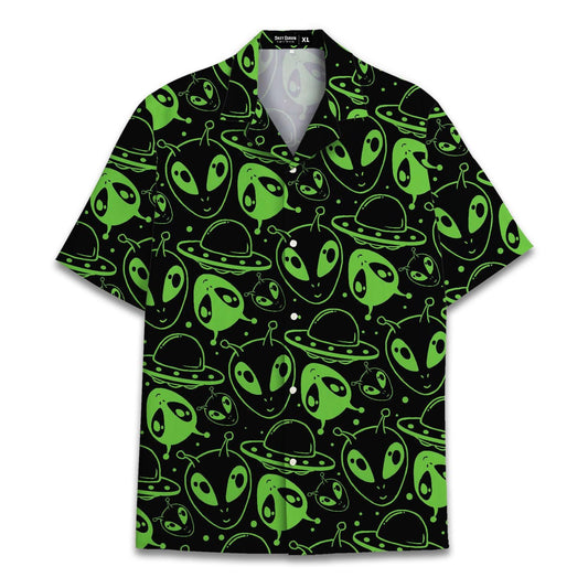 Front view of black alien Hawaiian shirt with neon green UFO and flying saucer pattern