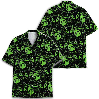 Front and back views of neon green alien print Hawaiian shirt