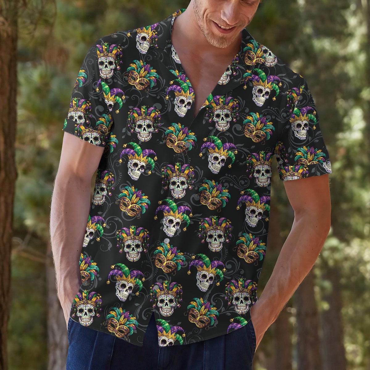 Model wearing black carnival skull Hawaiian shirt outdoors