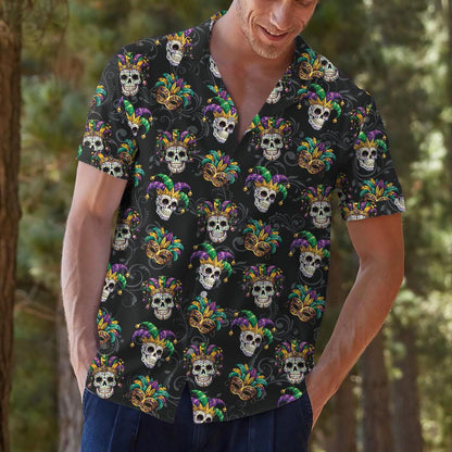 Model wearing black carnival skull Hawaiian shirt outdoors