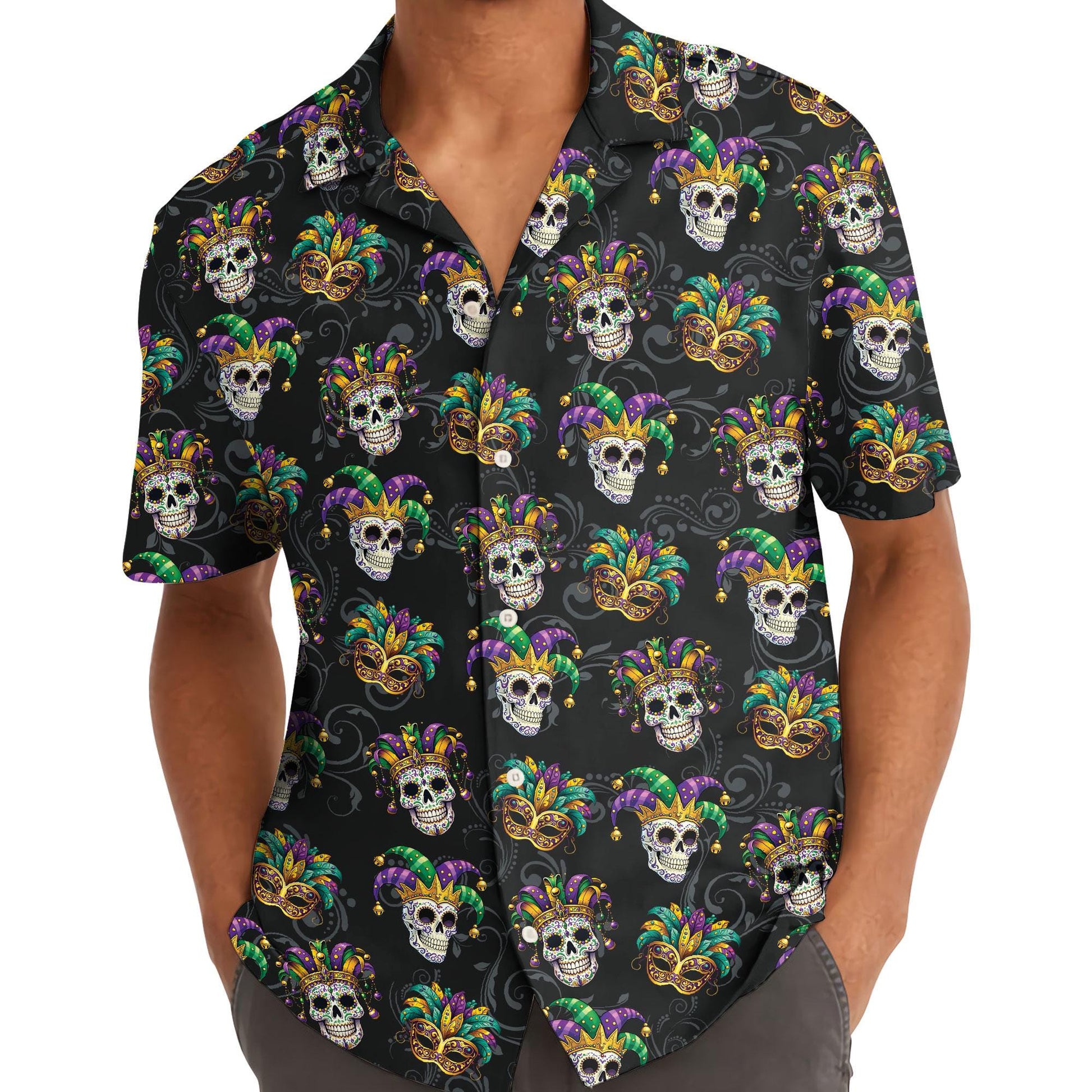 Model wearing colorful skull print Hawaiian shirt