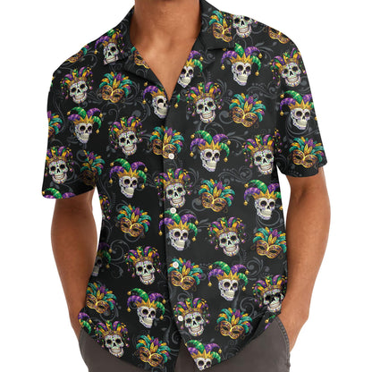 Model wearing colorful skull print Hawaiian shirt