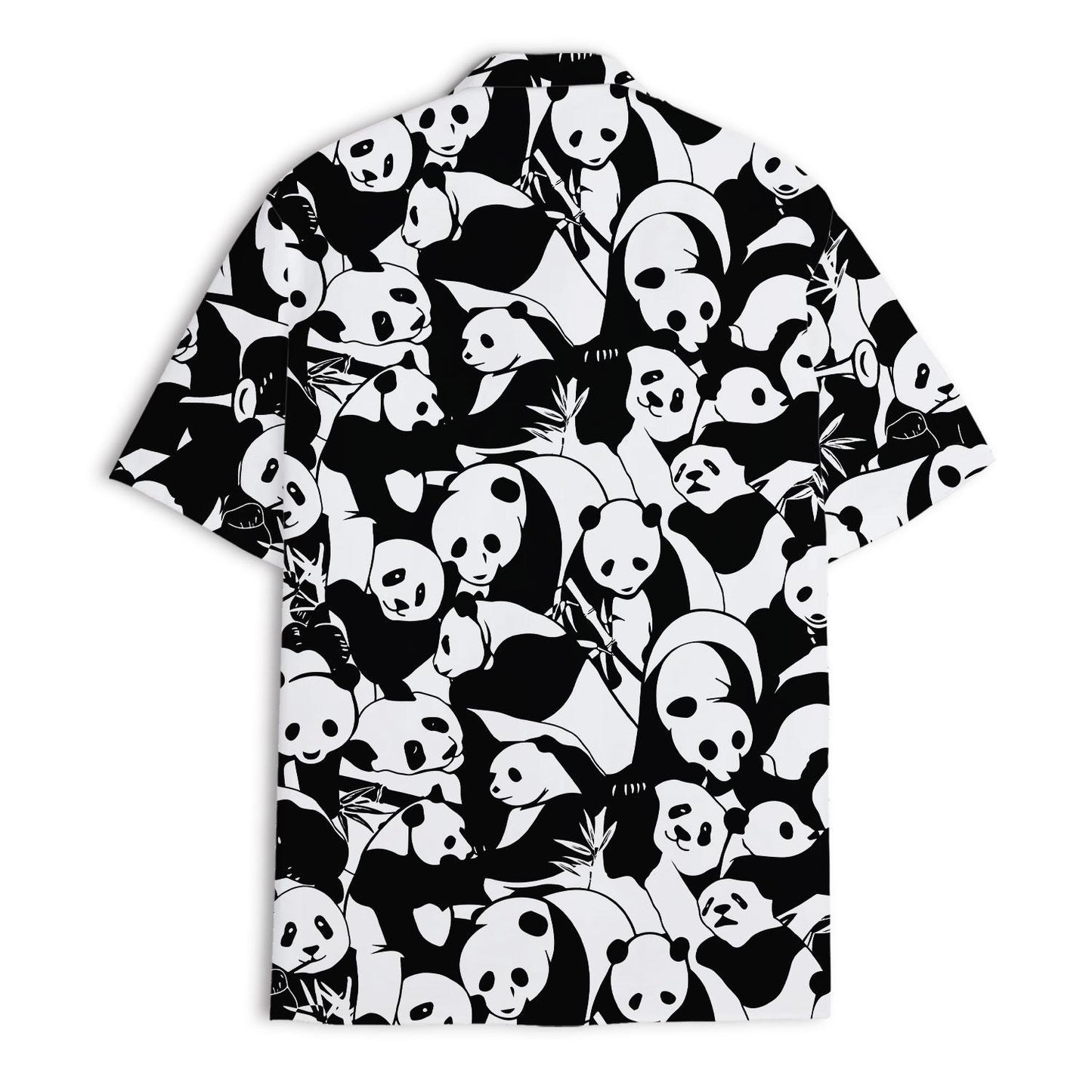 Back view of black and white panda patterned Hawaiian shirt