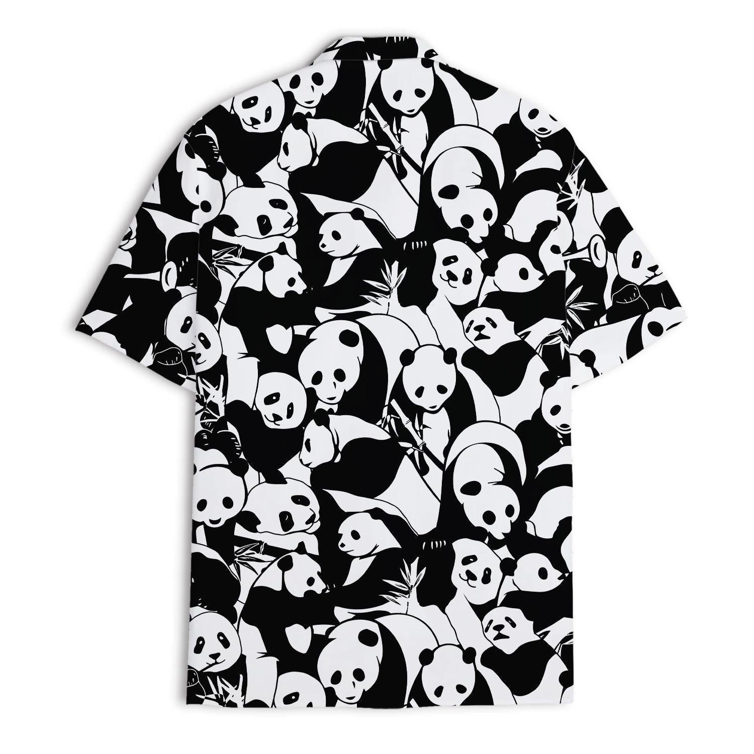 Back view of black and white panda patterned Hawaiian shirt
