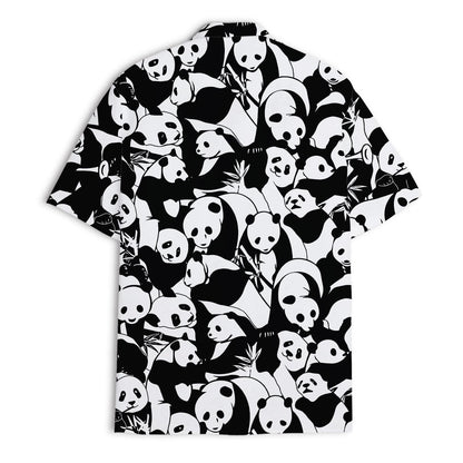 Back view of black and white panda patterned Hawaiian shirt