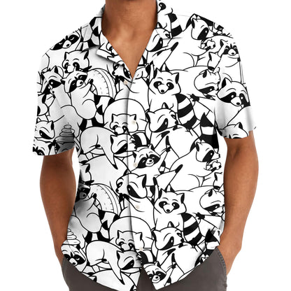 Model wearing a black and white raccoon print Hawaiian shirt with dark pants