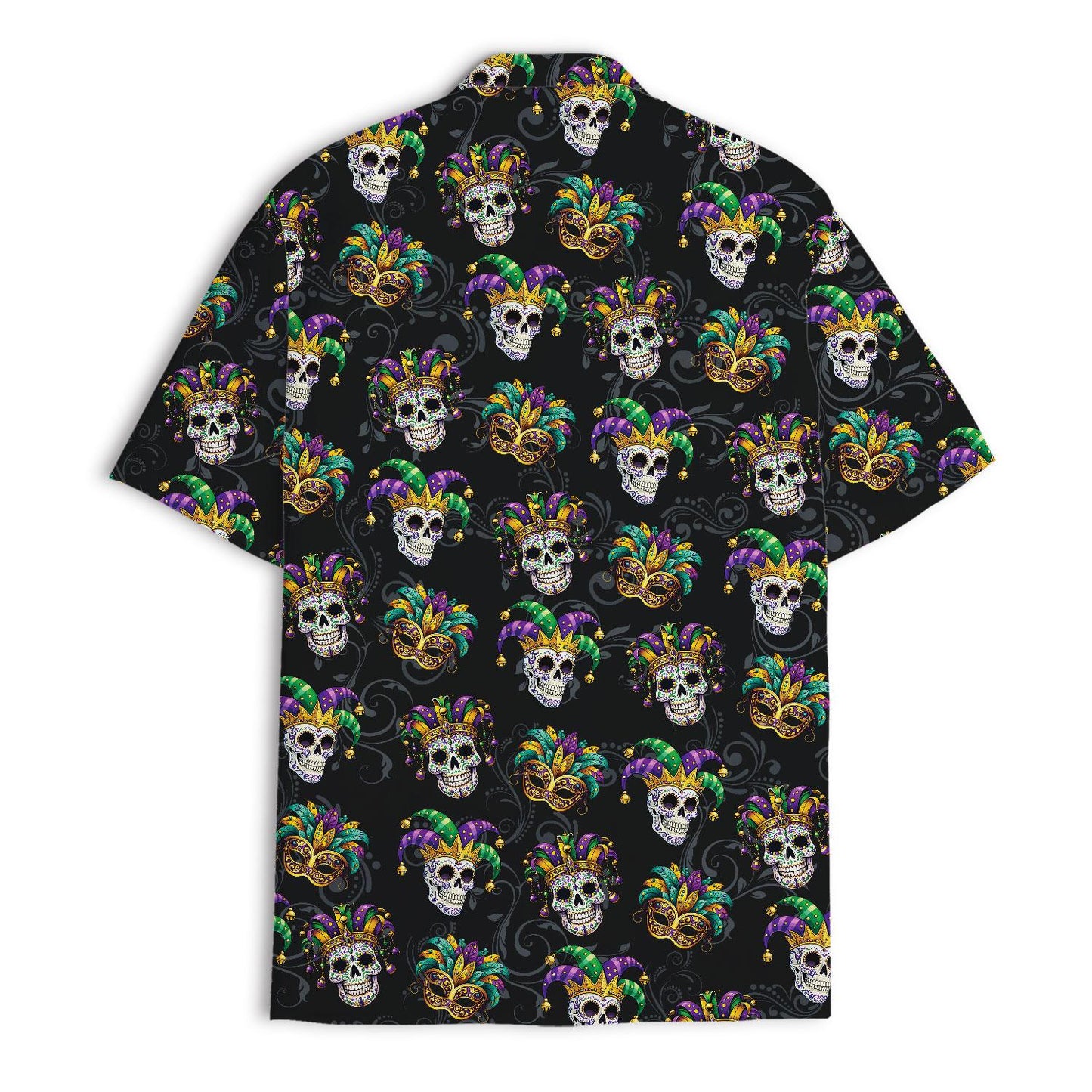 Back view of black Hawaiian shirt with repeating skull and mask pattern