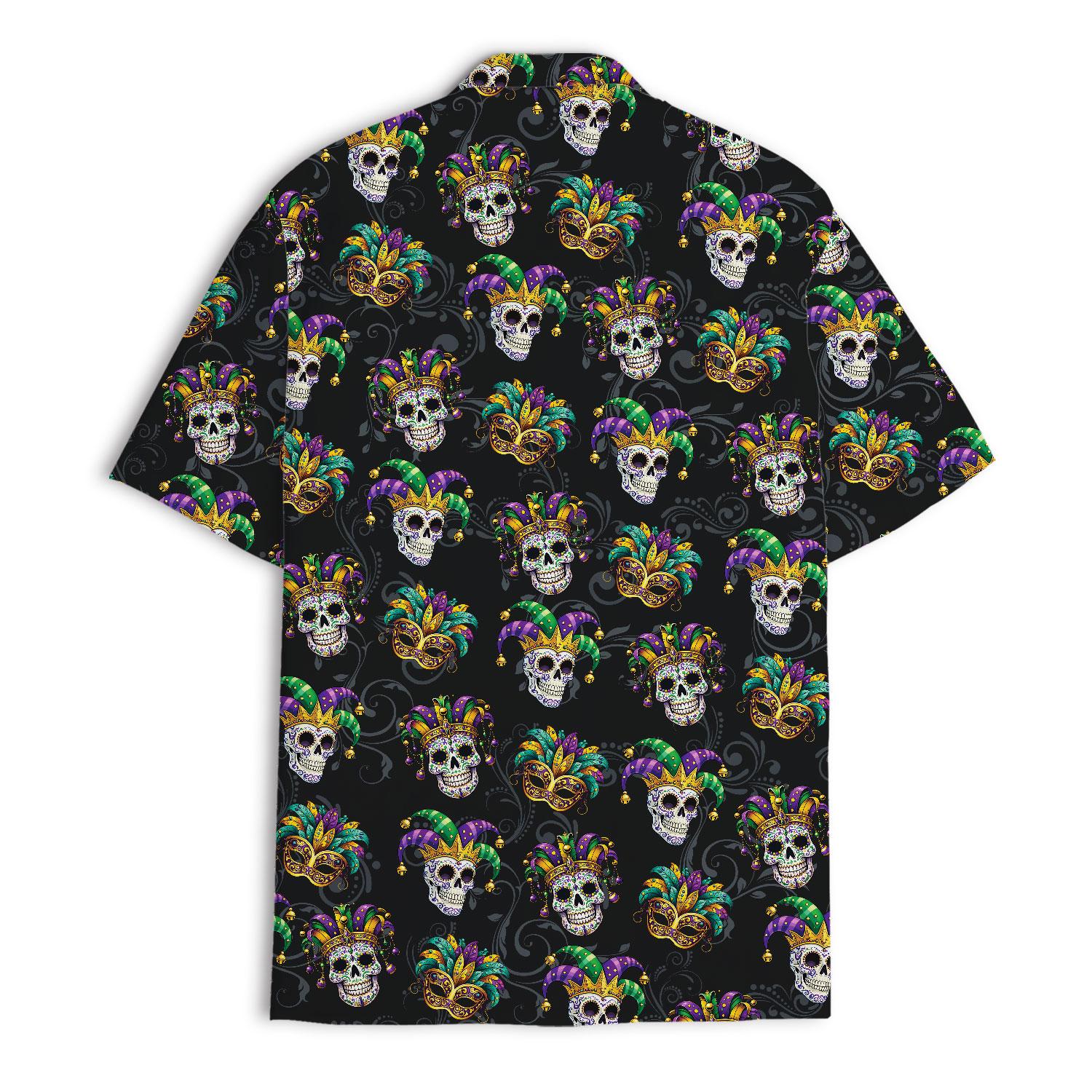 Back view of black Hawaiian shirt with repeating skull and mask pattern