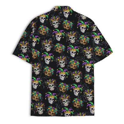 Back view of black Hawaiian shirt with repeating skull and mask pattern