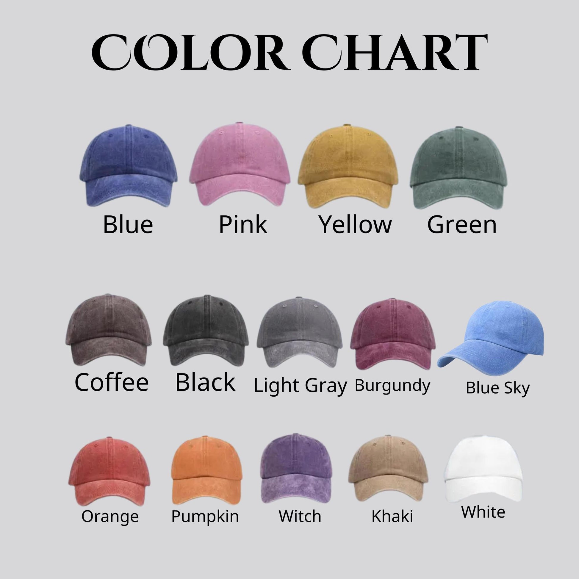 Color chart showing blue, pink, yellow, green, coffee, black, gray, burgundy, blue sky, orange, pumpkin, witch, khaki, and white hats