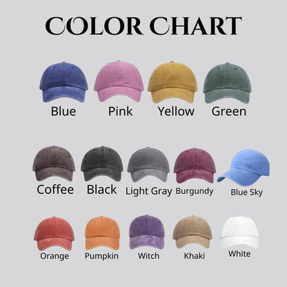Color chart showing blue, pink, yellow, green, coffee, black, gray, burgundy, blue sky, orange, pumpkin, witch, khaki, and white hats