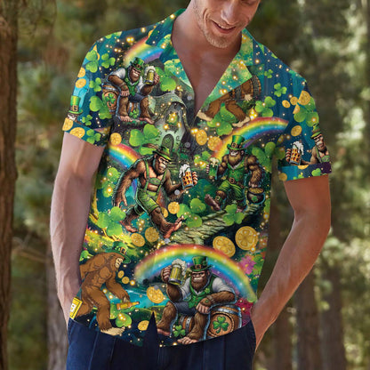 Lifestyle view of a man wearing the festive rainbow and clover Hawaiian shirt outdoors