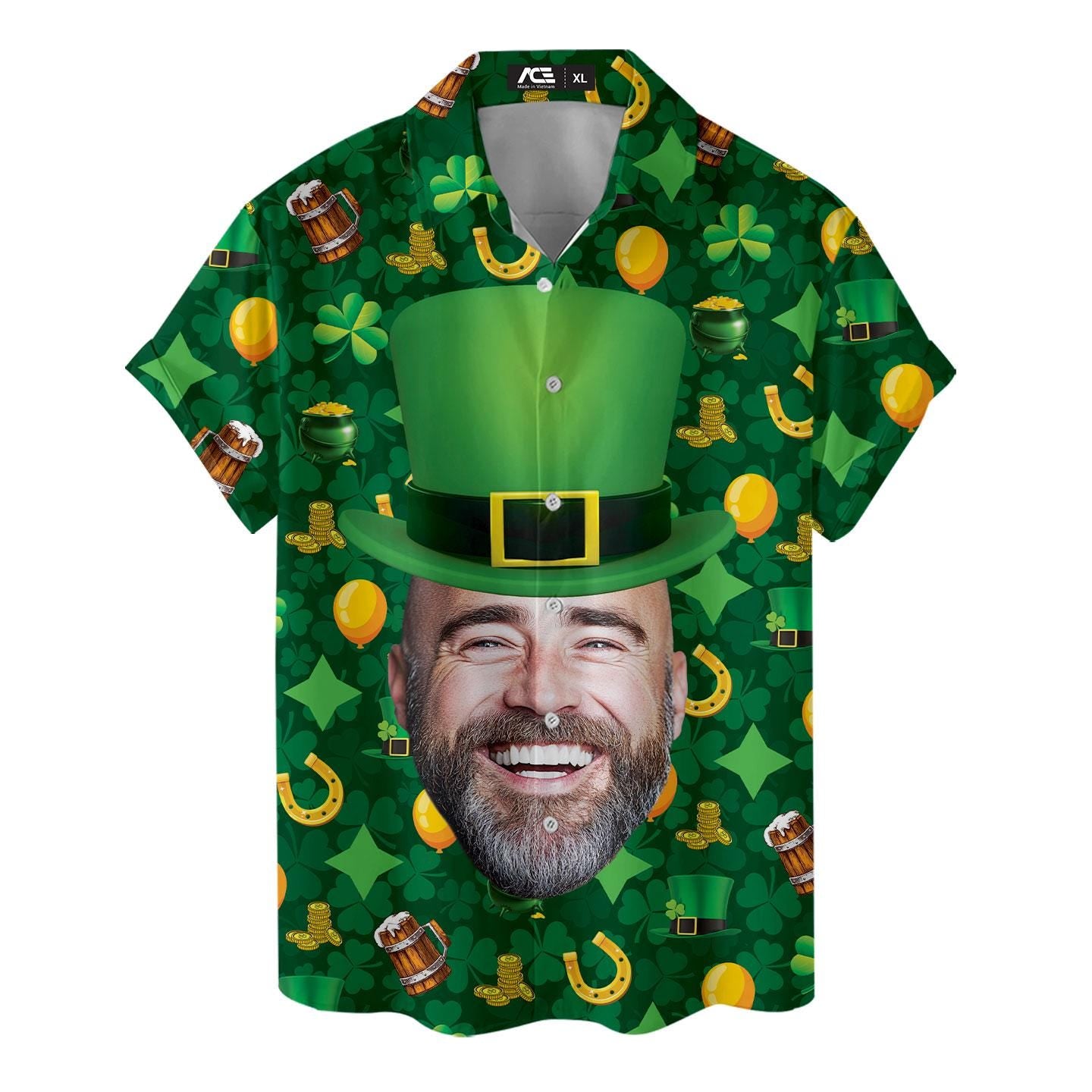Full shirt product view showing the collared short-sleeve design and oversized leprechaun graphic
