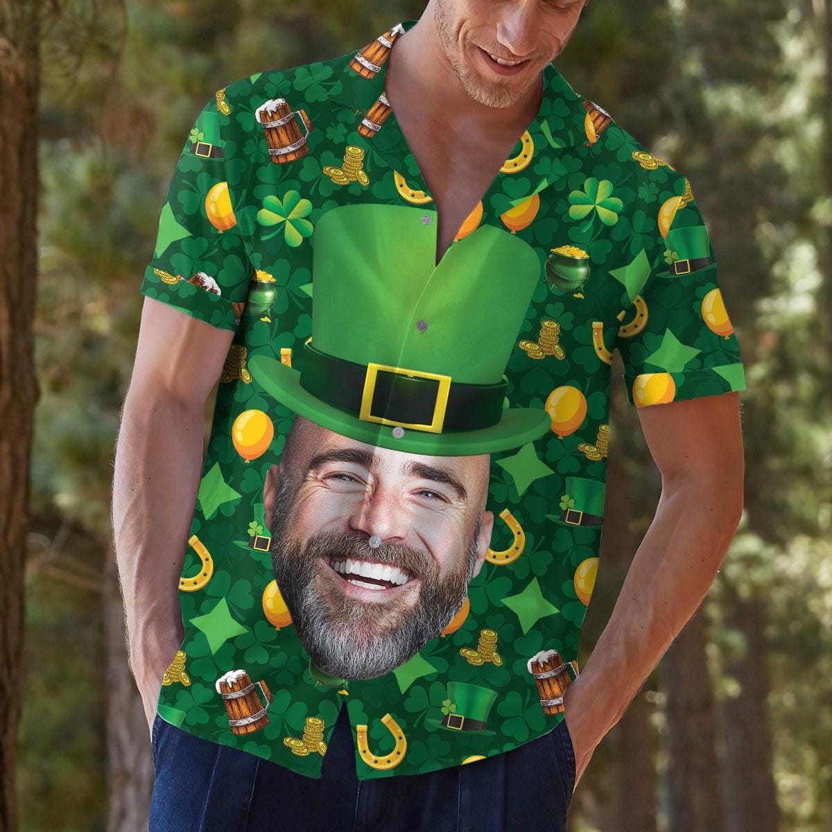 Close product view of the shirt's shamrocks, horseshoes, coins, hats, stars, balloons, and beer barrels