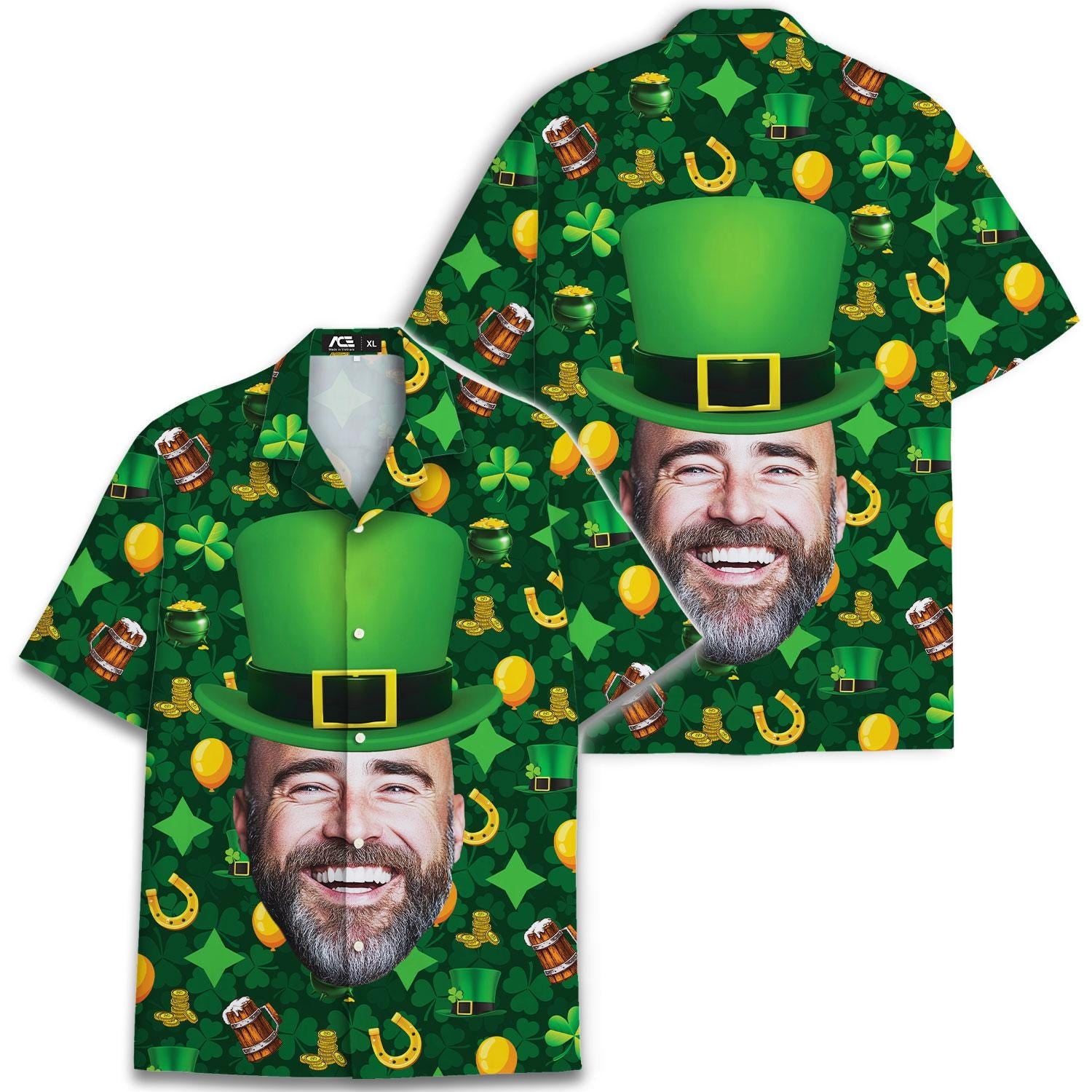 Back view of the green St. Patrick's Day Hawaiian shirt with festive all-over print