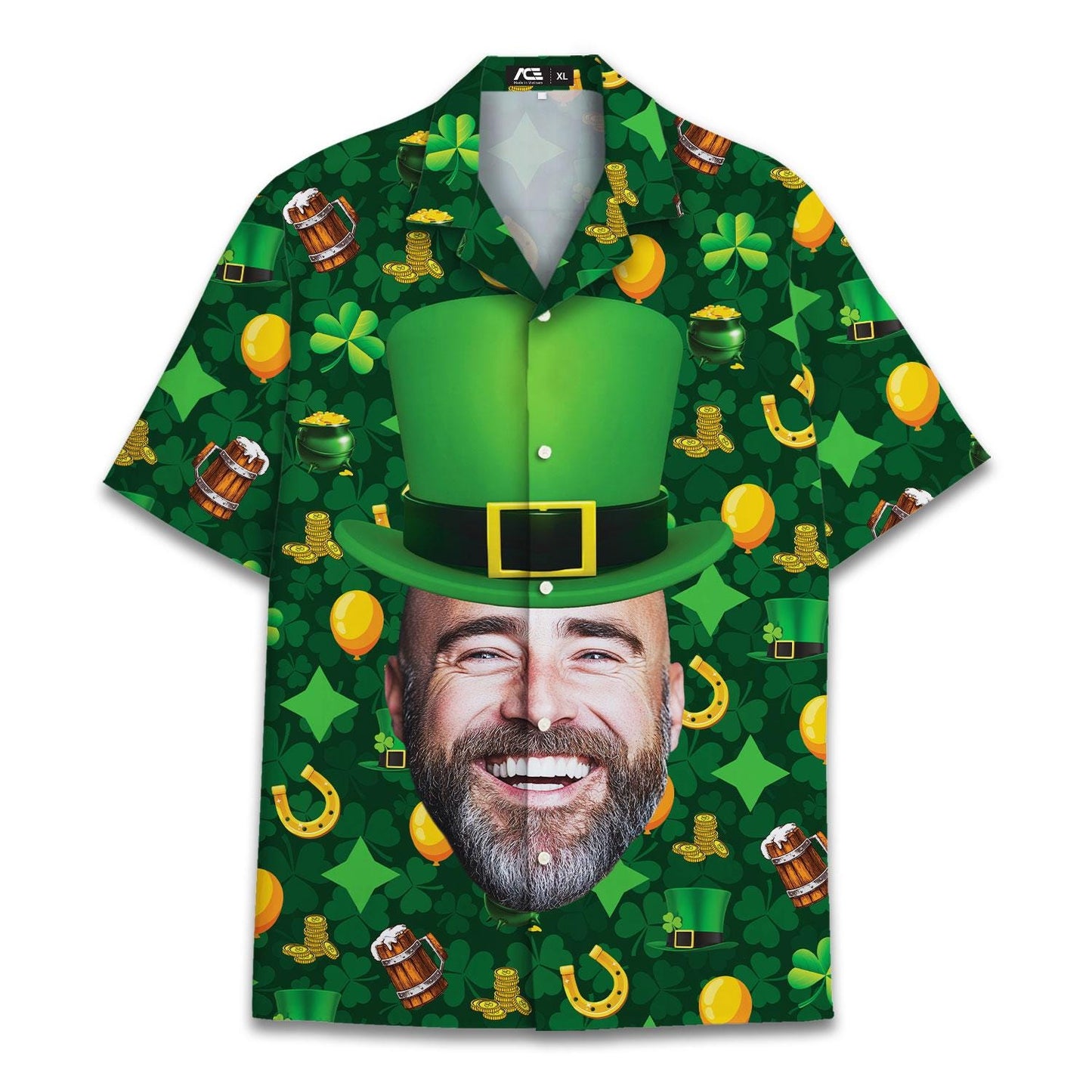 Front view of a green St. Patrick's Day Hawaiian shirt with a large smiling bearded face and leprechaun hat graphic