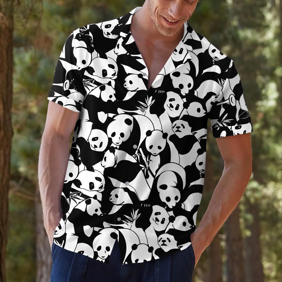 Casual outdoor view of panda Hawaiian shirt on model