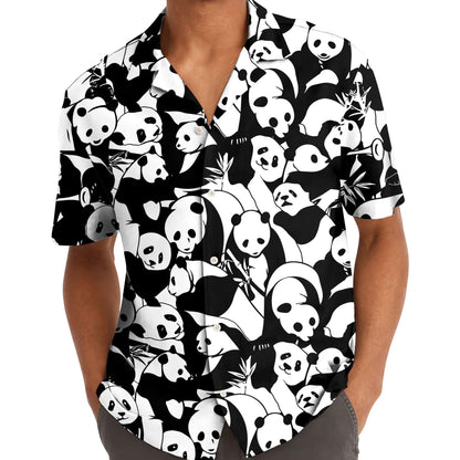 Model wearing black and white panda print Hawaiian shirt