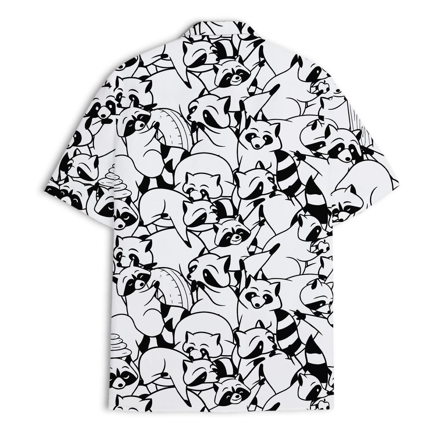 Front product view of a short-sleeve button-front Hawaiian shirt with an all-over raccoon print