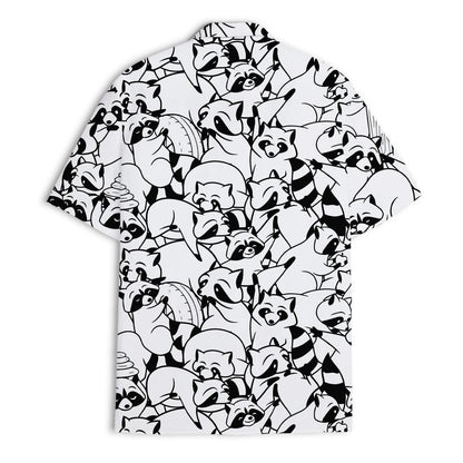 Front product view of a short-sleeve button-front Hawaiian shirt with an all-over raccoon print