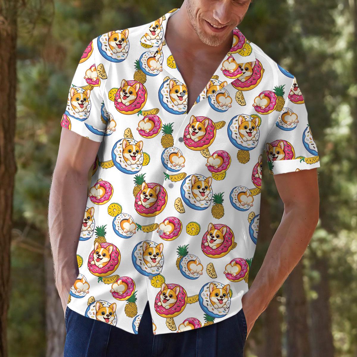 Model wearing the playful tropical Hawaiian shirt with jeans