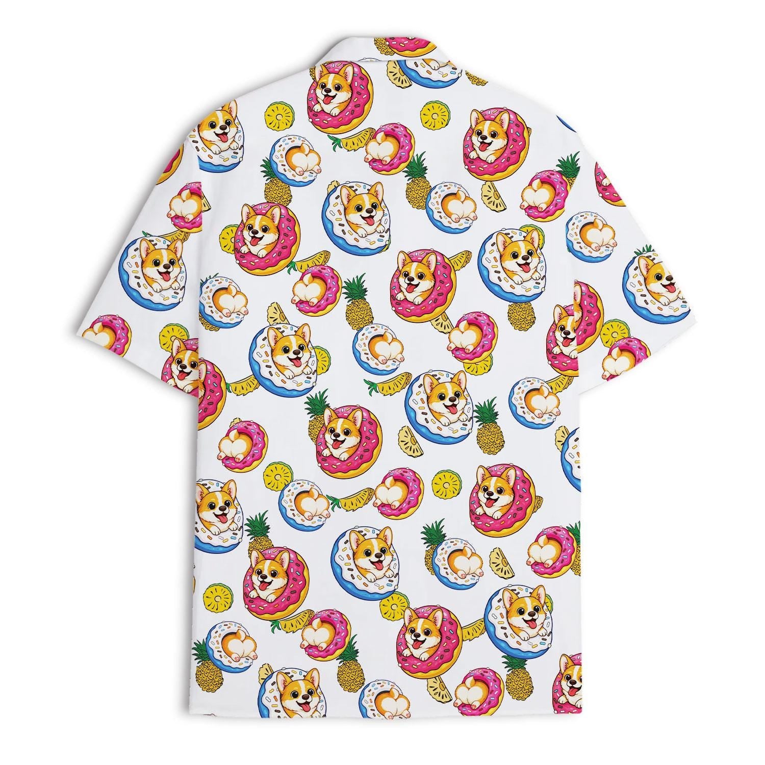 Back view of the dog, donut, pineapple, and fruit-inspired Hawaiian shirt pattern