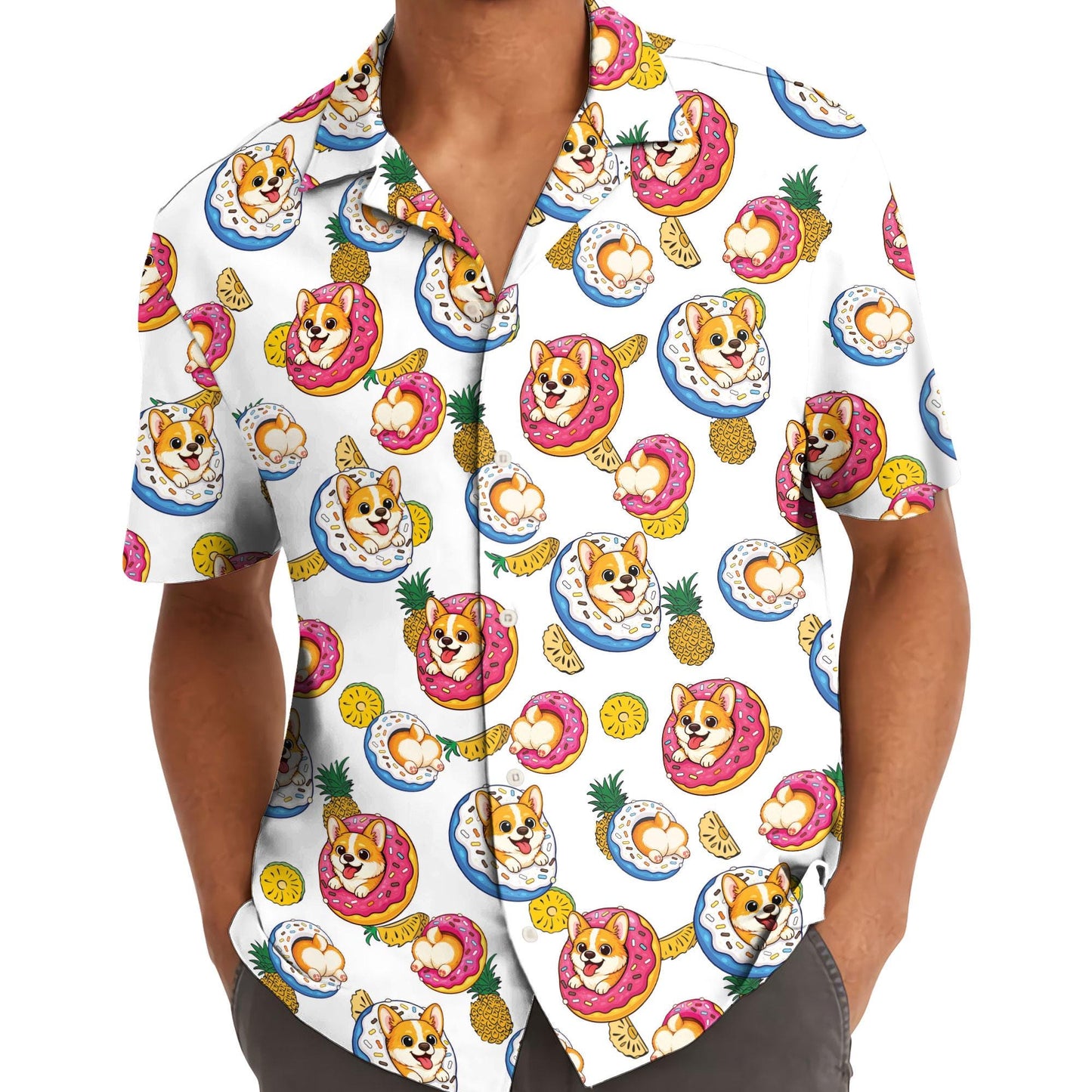 Model wearing the colorful dog and donut Hawaiian shirt outdoors