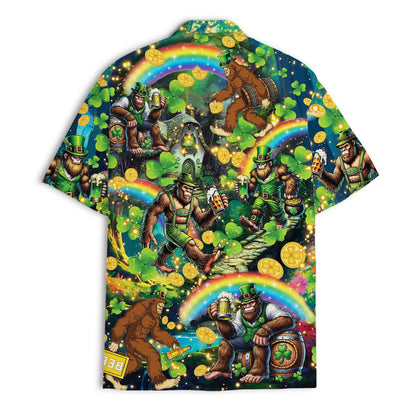 Back view of the green, gold, and blue lucky-themed Hawaiian shirt with rainbows and clovers