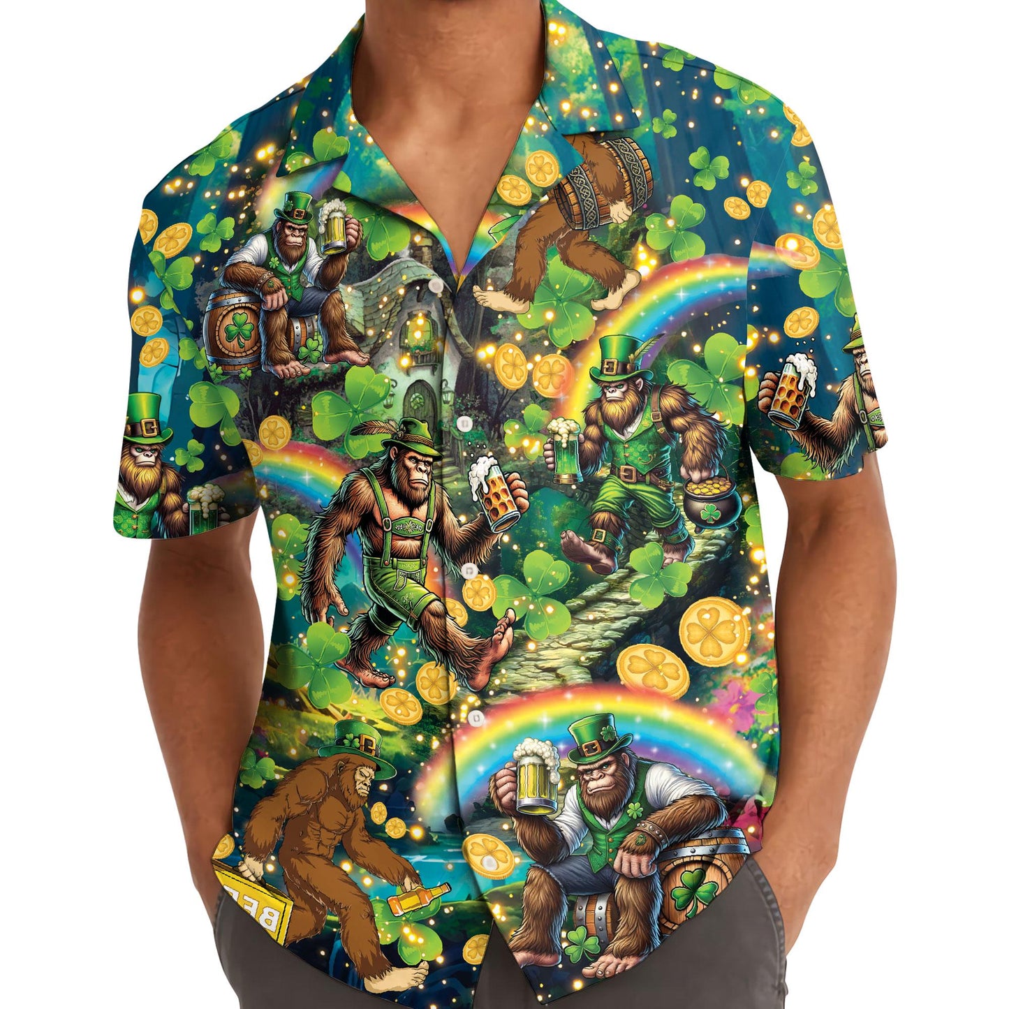 Model wearing the colorful lucky leprechaun Hawaiian shirt with short sleeves and a camp-style collar