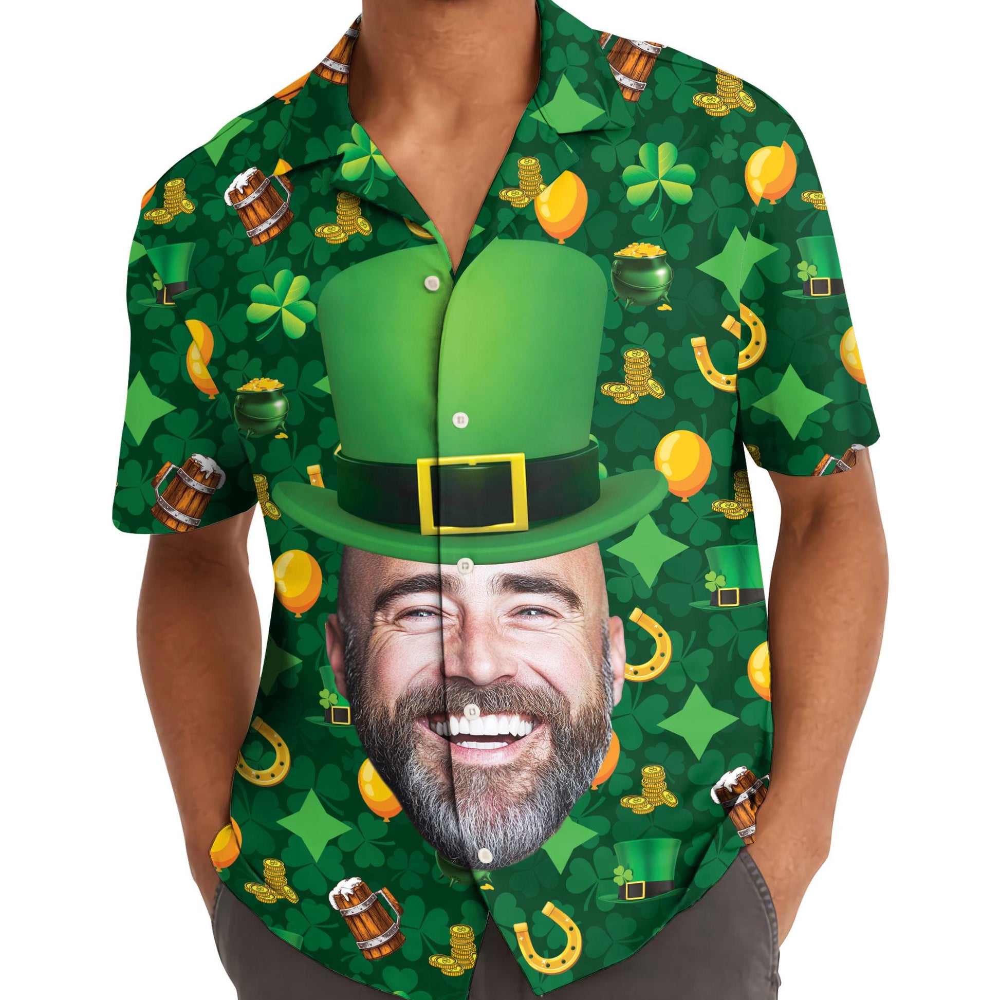 Model wearing the green St. Patrick's Day Hawaiian shirt outdoors