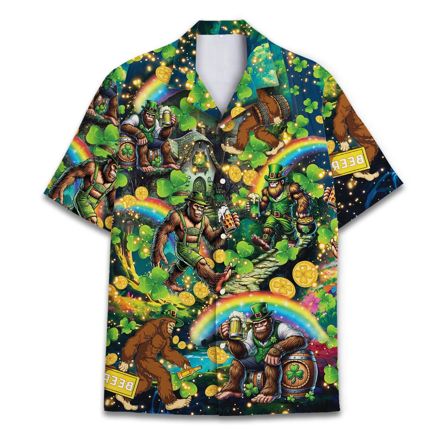 Front view of a colorful lucky leprechaun Hawaiian shirt with rainbows, clovers, gold coins, mugs, and bear-like figures