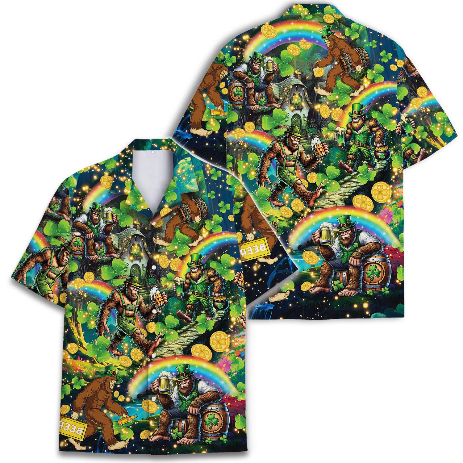Front and back views of the all-over lucky leprechaun rainbow Hawaiian shirt