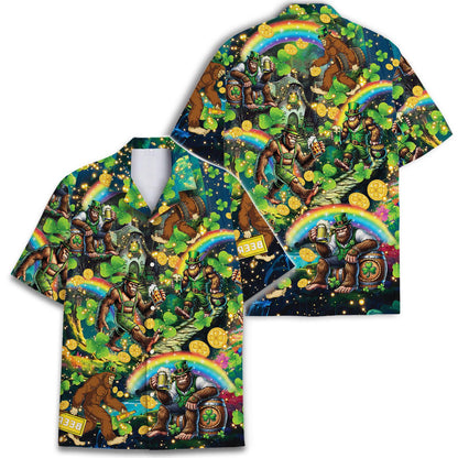 Front and back views of the all-over lucky leprechaun rainbow Hawaiian shirt