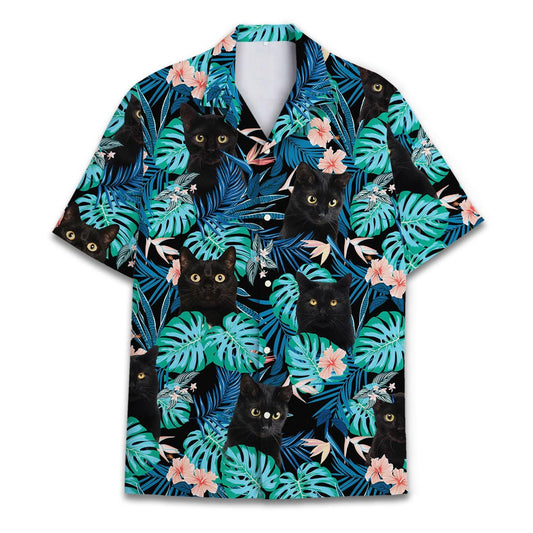 Black cat Hawaiian shirt with tropical leaves and pink hibiscus flowers