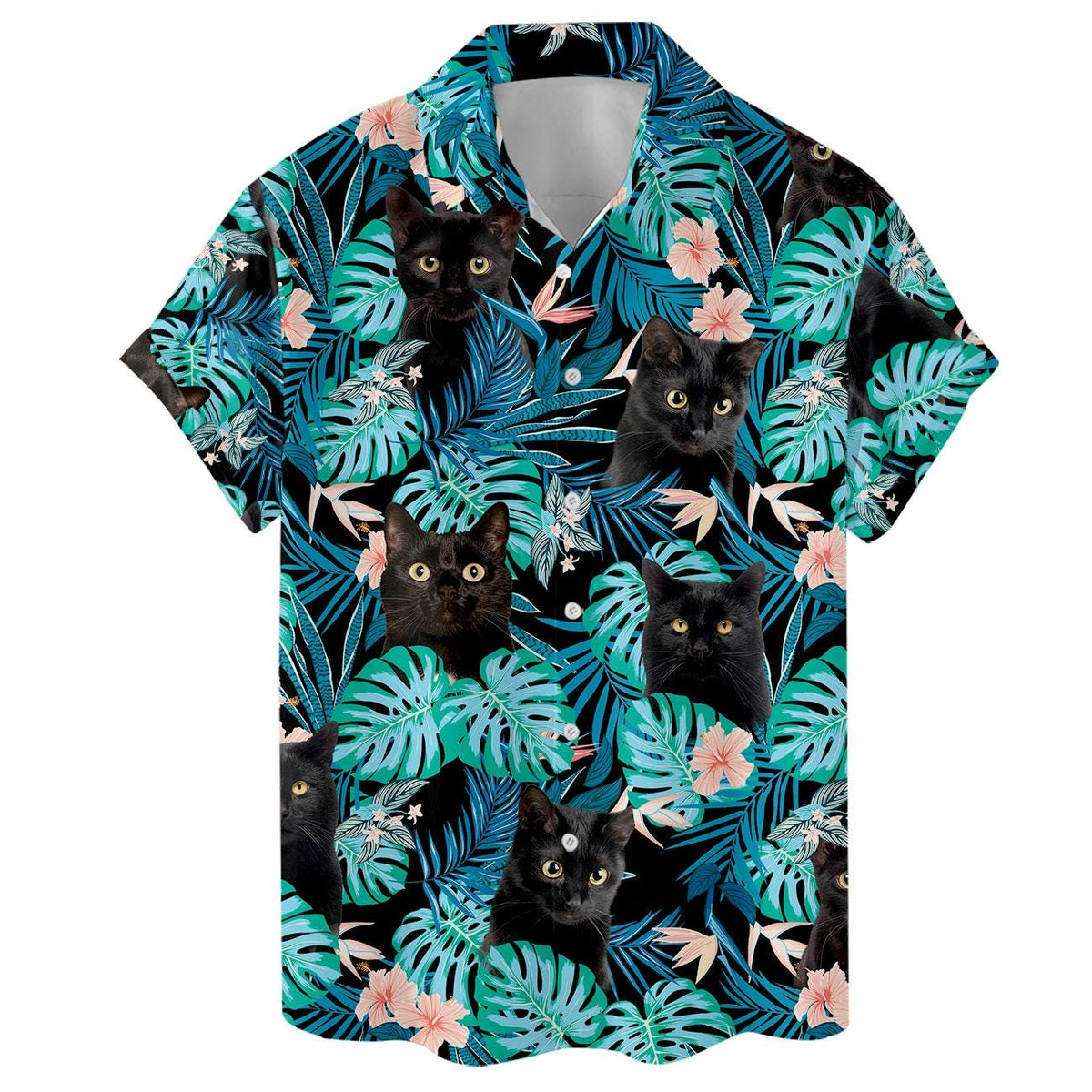 Black cat floral Hawaiian shirt displayed from the front