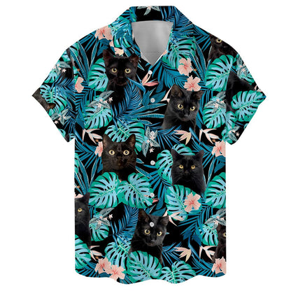 Black cat floral Hawaiian shirt displayed from the front