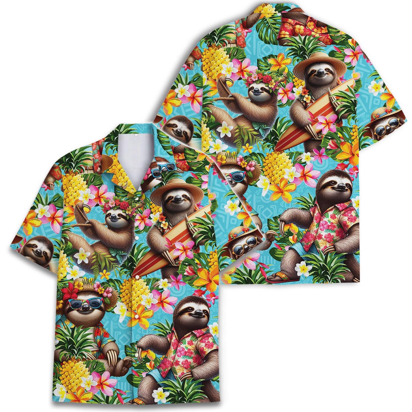 Tropical sloth shirt shown in front and back views